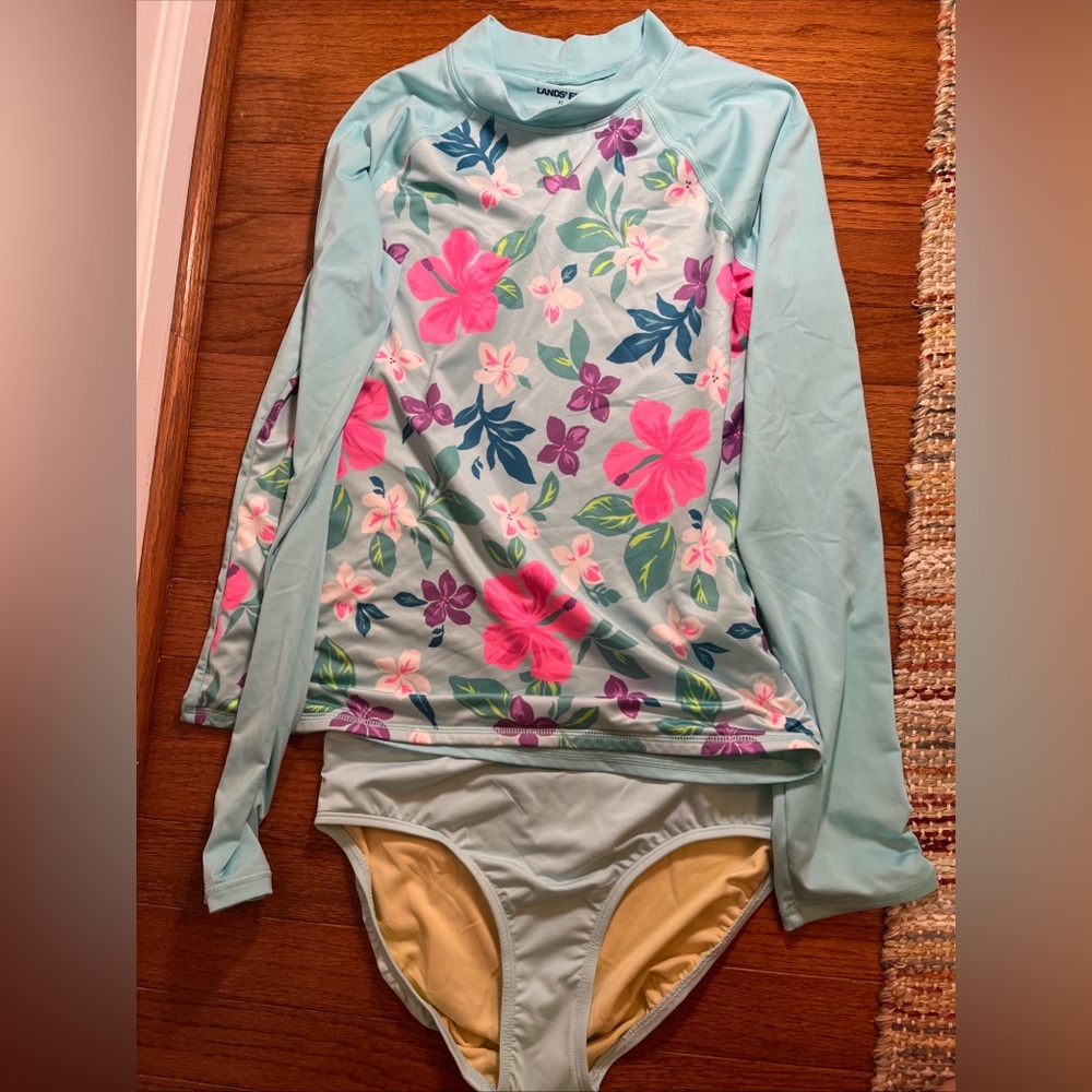 Lands' End Girls Long Sleeve Rashguard Bikini Bottom Set Blue Floral Size 14 XL